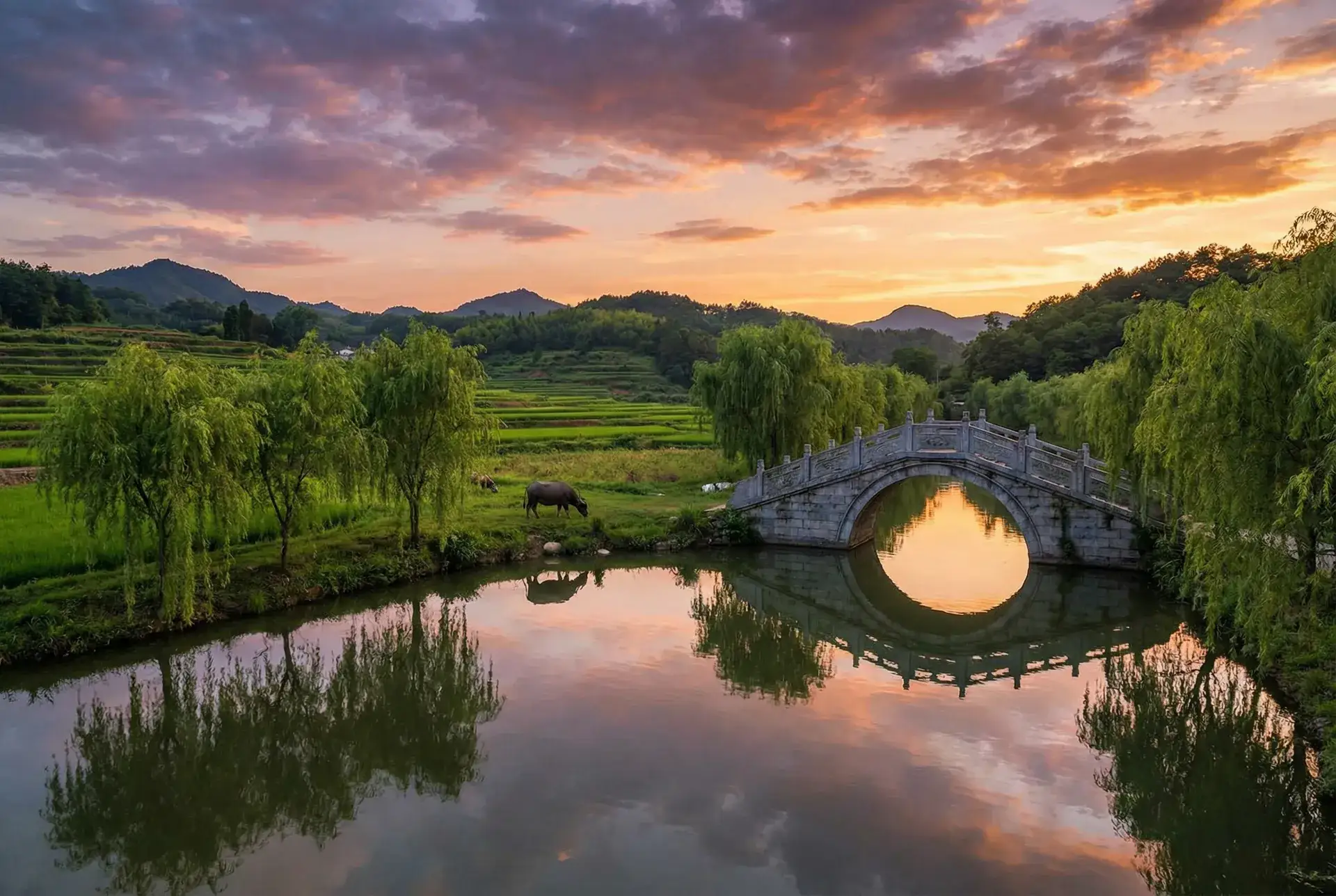 夕阳下的石拱桥与垂柳，水牛在河边吃草 - 杂乱小说1第403部分 乡村美景